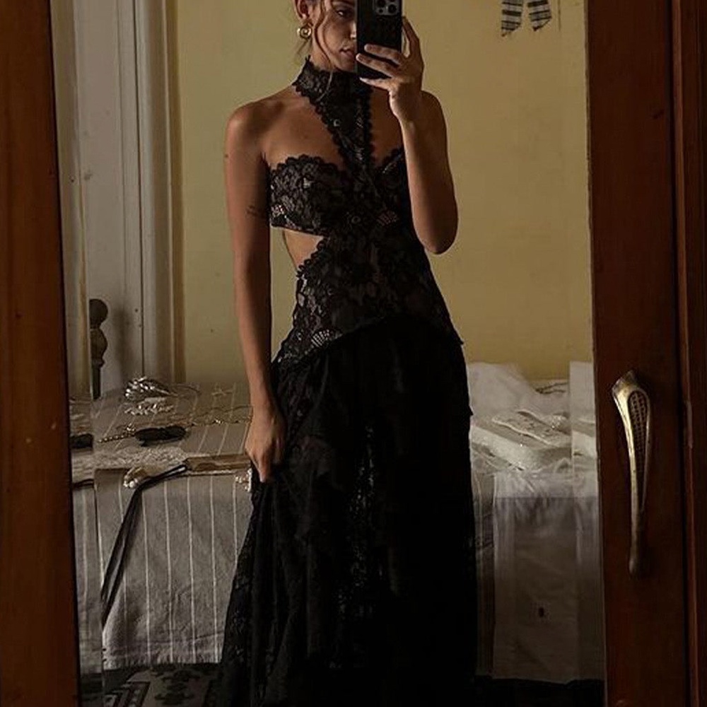 12th Tribe Princesa Black Lace Drop Waist Maxi Dress Size MM